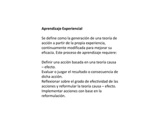 Aprendizaje Experiencial
Se define como la generación de una teoría de
acción a partir de la propia experiencia,
continuamente modificada para mejorar su
eficacia. Este proceso de aprendizaje requiere:
Definir una acción basada en una teoría causa
– efecto.
Evaluar o juzgar el resultado o consecuencia de
dicha acción.
Reflexionar sobre el grado de efectividad de las
acciones y reformular la teoría causa – efecto.
Implementar acciones con base en la
reformulación.
 