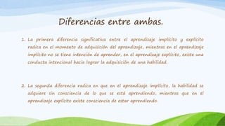 Diferencias entre ambas.
1. La primera diferencia significativa entre el aprendizaje implícito y explícito
radica en el momento de adquisición del aprendizaje, mientras en el aprendizaje
implícito no se tiene intención de aprender, en el aprendizaje explícito, existe una
conducta intencional hacia lograr la adquisición de una habilidad.
2. La segunda diferencia radica en que en el aprendizaje implícito, la habilidad se
adquiere sin consciencia de lo que se está aprendiendo, mientras que en el
aprendizaje explícito existe consciencia de estar aprendiendo.