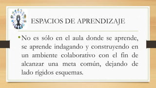 ESPACIOS DE APRENDIZAJE
•No es sólo en el aula donde se aprende,
se aprende indagando y construyendo en
un ambiente colaborativo con el fin de
alcanzar una meta común, dejando de
lado rígidos esquemas.
 