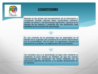 COGNITIVISMO
Basada en las teorías del procesamiento de la información y
recogiendo también algunas ideas conductistas (refuerzo,
análisis de tareas) y del aprendizaje significativo, aparece en la
década de los sesenta y pretende dar una explicación más
detallada de los procesos de aprendizaje.
Es una corriente de la psicología que se especializa en el
estudio de la cognición (los procesos de la mente relacionados
con el conocimiento). Por lo tanto, el cognitivismo estudia los
mecanismos que llevan a la elaboración del conocimiento.
Se considera que si el aprendizaje se logra sólo mediante la
repetición al poco tiempo se olvidará, ya que los nuevos
conocimientos se incorporan de forma arbitraria en la
estructura cognitiva del alumno y no quedan almacenados en
la memoria.
 