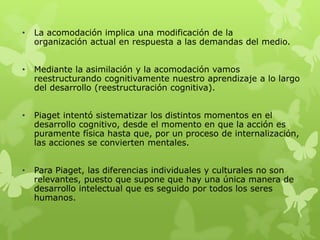 • La acomodación implica una modificación de la
organización actual en respuesta a las demandas del medio.
• Mediante la asimilación y la acomodación vamos
reestructurando cognitivamente nuestro aprendizaje a lo largo
del desarrollo (reestructuración cognitiva).
• Piaget intentó sistematizar los distintos momentos en el
desarrollo cognitivo, desde el momento en que la acción es
puramente física hasta que, por un proceso de internalización,
las acciones se convierten mentales.
• Para Piaget, las diferencias individuales y culturales no son
relevantes, puesto que supone que hay una única manera de
desarrollo intelectual que es seguido por todos los seres
humanos.
 