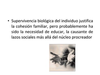 • Supervivencia biológica del individuo justifica
  la cohesión familiar, pero probablemente ha
  sido la necesidad de educar, la causante de
  lazos sociales más allá del núcleo procreador
 