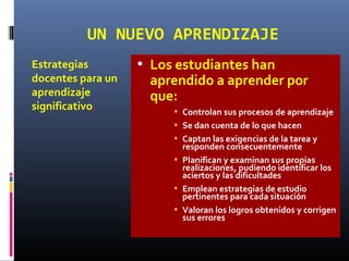 UN NUEVO APRENDIZAJE
• Los estudiantes han
aprendido a aprender por
que:
• Controlan sus procesos de aprendizaje
• Se dan cuenta de lo que hacen
• Captan las exigencias de la tarea y
responden consecuentemente
• Planifican y examinan sus propias
realizaciones, pudiendo identificar los
aciertos y las dificultades
• Emplean estrategias de estudio
pertinentes para cada situación
• Valoran los logros obtenidos y corrigen
sus errores
Estrategias
docentes para un
aprendizaje
significativo,
 