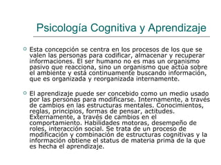 Psicología Cognitiva y Aprendizaje 
 Esta concepción se centra en los procesos de los que se 
valen las personas para codificar, almacenar y recuperar 
informaciones. El ser humano no es mas un organismo 
pasivo que reacciona, sino un organismo que actúa sobre 
el ambiente y está continuamente buscando información, 
que es organizada y reorganizada internamente. 
 El aprendizaje puede ser concebido como un medio usado 
por las personas para modificarse. Internamente, a través 
de cambios en las estructuras mentales. Conocimientos, 
reglas, principios, formas de pensar, actitudes. 
Externamente, a través de cambios en el 
comportamiento. Habilidades motoras, desempeño de 
roles, interacción social. Se trata de un proceso de 
modificación y combinación de estructuras cognitivas y la 
información obtiene el status de materia prima de la que 
es hecha el aprendizaje. 
 