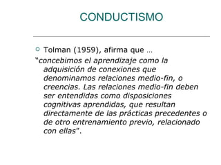CONDUCTISMO 
 Tolman (1959), afirma que … 
“concebimos el aprendizaje como la 
adquisición de conexiones que 
denominamos relaciones medio-fin, o 
creencias. Las relaciones medio-fin deben 
ser entendidas como disposiciones 
cognitivas aprendidas, que resultan 
directamente de las prácticas precedentes o 
de otro entrenamiento previo, relacionado 
con ellas”. 
 