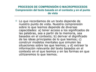 PROCESOS DE COMPRENSIÓN O MACROPROCESOS 
Comprensión del texto basada en el contexto y en el punto 
de vista 
 Lo que recordamos de un texto depende de 
nuestro punto de vista. Nuestra comprensión 
sobre lo que leemos depende de diversas 
capacidades: a) tener acceso a los significados de 
las palabras, sea a partir de la memoria, sea 
basados en el contexto; b) derivar el dignificado 
de las ideas principales de lo que leemos; c) 
construir modelos mentales que simulen las 
situaciones sobre las que leemos; y d) extraer la 
información relevante del texto basados en el 
contexto en el que leemos y en las formas en que 
utilizaremos lo que leemos. 
 