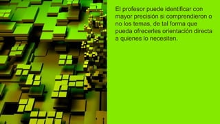 El profesor puede identificar con
mayor precisión si comprendieron o
no los temas, de tal forma que
pueda ofrecerles orientación directa
a quienes lo necesiten.
 