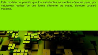 Este modelo no permite que los estudiantes se sientan cómodos pues, por
naturaleza realizar de una forma diferente las cosas, siempre causará
molestia.
 