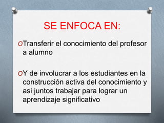 SE ENFOCA EN:
OTransferir el conocimiento del profesor
a alumno
OY de involucrar a los estudiantes en la
construcción activa del conocimiento y
asi juntos trabajar para lograr un
aprendizaje significativo
 