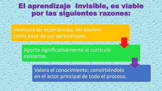 El aprendizaje Invisible, es viable
por las siguientes razones:
Involucra las experiencias, del alumno
como base de sus aprendizajes.
Aporta significativamente al currículo
existente.
Valora el conocimiento; convirtiéndolo
en el actor principal de todo el proceso.
 