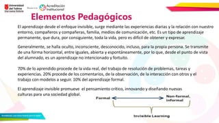 Elementos Pedagógicos
El aprendizaje desde el enfoque invisible, surge mediante las experiencias diarias y la relación con nuestro
entorno, compañeros y compañeras, familia, medios de comunicación, etc. Es un tipo de aprendizaje
permanente, que dura, por consiguiente, toda la vida, pero es difícil de obtener y expresar.
Generalmente, se halla oculto, inconsciente, desconocido, incluso, para la propia persona. Se transmite
de una forma horizontal, entre iguales, abierta y espontáneamente, por lo que, desde el punto de vista
del alumnado, es un aprendizaje no intencionado y fortuito.
70% de lo aprendido procede de la vida real, del trabajo de resolución de problemas, tareas y
experiencias. 20% procede de los comentarios, de la observación, de la interacción con otros y el
trabajo con modelos a seguir. 10% del aprendizaje formal.
El aprendizaje invisible promueve el pensamiento crítico, innovando y diseñando nuevas
culturas para una sociedad global.
 