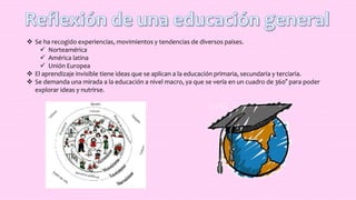  Se ha recogido experiencias, movimientos y tendencias de diversos países.
 Norteamérica
 América latina
 Unión Europea
 El aprendizaje invisible tiene ideas que se aplican a la educación primaria, secundaria y terciaria.
 Se demanda una mirada a la educación a nivel macro, ya que se vería en un cuadro de 360° para poder
explorar ideas y nutrirse.
 