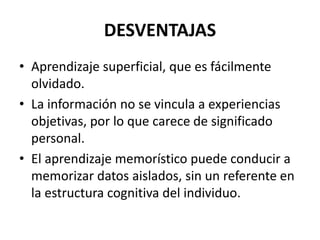 DESVENTAJAS 
• Aprendizaje superficial, que es fácilmente 
olvidado. 
• La información no se vincula a experiencias 
objetivas, por lo que carece de significado 
personal. 
• El aprendizaje memorístico puede conducir a 
memorizar datos aislados, sin un referente en 
la estructura cognitiva del individuo. 
