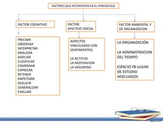 FACTORES QUE INTERVIENEN EN EL APRENDIZAJE
FACTOR COGNITIVO
PRECIBIR
OBSERVAR
INTERPRETAR
ANALIZAR
ASOCIAR
CLASIFICAR
COMPARAR
EXPRESAR
RETENER
SINTETIZAR
DEDUCIR
GENERALIZAR
EVALUAR
FACTOR
AFECTIVO SOCIAL
ASPECTOS
VINCULADOS CON
SENTIMIENTOS.
LA ACTITUD
LA MOTIVACION
LA VOLUNTAD
FACTOR AMBIENTAL Y
DE ORGANIZACION
LA ORGANIZACIÓN
LA ADMINISTRACION
DEL TIEMPO
ESPACIO YB LUGAR
DE ESTUDIO
ADECUADOS