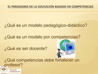EL PARADIGMA DE LA EDUCACIÓN BASADO EN COMPETENCIAS




¿Qué es un modelo pedagógico-didáctico?

¿Qué es un modelo por competencias?

¿Qué es ser docente?

¿Qué competencias debe fortalecer un
profesor?
 