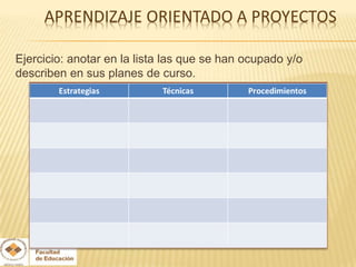 Ejercicio: anotar en la lista las que se han ocupado y/o
describen en sus planes de curso.
 