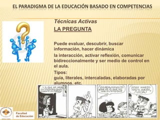 EL PARADIGMA DE LA EDUCACIÓN BASADO EN COMPETENCIAS

               Técnicas Activas
               LA PREGUNTA

               Puede evaluar, descubrir, buscar
               información, hacer dinámica
               la interacción, activar reflexión, comunicar
               bidireccionalmente y ser medio de control en
               el aula.
               Tipos:
               guía, literales, intercaladas, elaboradas por
               alumnos, etc.
 