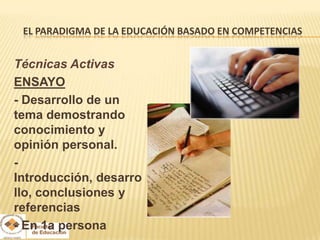EL PARADIGMA DE LA EDUCACIÓN BASADO EN COMPETENCIAS


Técnicas Activas
ENSAYO
- Desarrollo de un
tema demostrando
conocimiento y
opinión personal.
-
Introducción, desarro
llo, conclusiones y
referencias
- En 1a persona
 