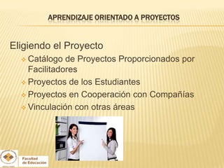 APRENDIZAJE ORIENTADO A PROYECTOS


Eligiendo el Proyecto
   Catálogo  de Proyectos Proporcionados por
    Facilitadores
   Proyectos de los Estudiantes

   Proyectos en Cooperación con Compañías

   Vinculación con otras áreas
 
