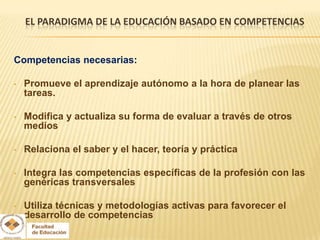 EL PARADIGMA DE LA EDUCACIÓN BASADO EN COMPETENCIAS


Competencias necesarias:

•   Promueve el aprendizaje autónomo a la hora de planear las
    tareas.

•   Modifica y actualiza su forma de evaluar a través de otros
    medios

•   Relaciona el saber y el hacer, teoría y práctica

•   Integra las competencias específicas de la profesión con las
    genéricas transversales

•   Utiliza técnicas y metodologías activas para favorecer el
    desarrollo de competencias
 