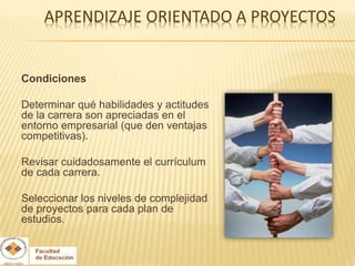 Condiciones

Determinar qué habilidades y actitudes
de la carrera son apreciadas en el
entorno empresarial (que den ventajas
competitivas).

Revisar cuidadosamente el currículum
de cada carrera.

Seleccionar los niveles de complejidad
de proyectos para cada plan de
estudios.
 