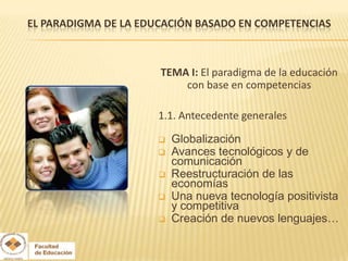 EL PARADIGMA DE LA EDUCACIÓN BASADO EN COMPETENCIAS



                      TEMA I: El paradigma de la educación
                          con base en competencias

                     1.1. Antecedente generales

                        Globalización
                        Avances tecnológicos y de
                         comunicación
                        Reestructuración de las
                         economías
                        Una nueva tecnología positivista
                         y competitiva
                        Creación de nuevos lenguajes…
 