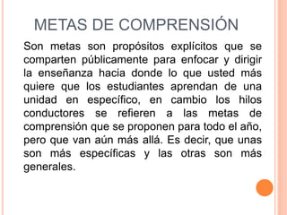 METAS DE COMPRENSIÓN 
Son metas son propósitos explícitos que se 
comparten públicamente para enfocar y dirigir 
la enseñanza hacia donde lo que usted más 
quiere que los estudiantes aprendan de una 
unidad en específico, en cambio los hilos 
conductores se refieren a las metas de 
comprensión que se proponen para todo el año, 
pero que van aún más allá. Es decir, que unas 
son más específicas y las otras son más 
generales. 
 