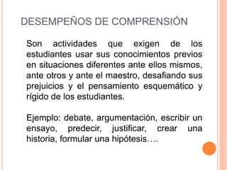 DESEMPEÑOS DE COMPRENSIÓN 
Son actividades que exigen de los 
estudiantes usar sus conocimientos previos 
en situaciones diferentes ante ellos mismos, 
ante otros y ante el maestro, desafiando sus 
prejuicios y el pensamiento esquemático y 
rígido de los estudiantes. 
Ejemplo: debate, argumentación, escribir un 
ensayo, predecir, justificar, crear una 
historia, formular una hipótesis…. 
 
