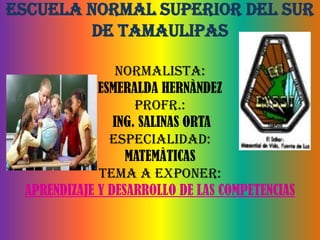 ESCUELA NORMAL SUPERIOR DEL SUR
DE TAMAULIPAS
NORMALISTA:
ESMERALDA HERNÀNDEZ
PROFR.:
ING. SALINAS ORTA
ESPECIALIDAD:
MATEMÀTICAS
TEMA A EXPONER:
APRENDIZAJE Y DESARROLLO DE LAS COMPETENCIAS
 
