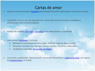 Cartas de amor
1. Situación de comunicación. Contexto (aprendizaje funcional): participación en concurso escolar.

1. Tarea final: escritura de una carta de amor. Como toda tarea de escritura: modelada y
estructurada (instrucciones y pautas).

1. Análisis de modelos: literarios y próximos (otros adolescentes y el profesor).

1. Instrucciones (decálogo) y recursos:
1. Delimitar el sentimiento amoroso: goce, conflicto, ruptura, desencuentro…
2. Estructura narrativa: tú y yo; lugar, tiempo, hechos… Al menos, nudo cierre.
3. Vocabulario específico: diccionario ideológico.

1. Corrección y publicación. Autocorrección, corrección del profesor y publicación final, con registro
de incorrecciones, en el wiki.

 