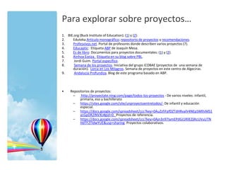 Para explorar sobre proyectos…
1. BIE.org (Buck Institute of Education): (1) y (2).
2.
Eduteka.Artículo monográfico; repositorio de proyectos y recomendaciones.
3.
Profesvivos.net. Portal de profesores donde describen varios proyectos (7).
4.
Educaptic: Etiqueta ABP de Joaquín Mesa.
5.
Es de libro: Documentos para proyectos documentales: (1) y (2).
6.
Ainhoa Ezeiza. Etiqueta en su blog sobre PBL.
7.
Jordi Guim. Portal específico.
8.
Semana de los proyectos. Iniciativa del grupo iCOBAE (proyectos de una semana de
duración). Lorca en Los Milagros. Semana de proyectos en este centro de Algeciras.
9.
Andalucía Profundiza. Blog de este programa basado en ABP.

•

Repositorios de proyectos:
–
http://proyectate.ning.com/page/todos-los-proyectos - De varios niveles: infantil,
primaria, eso y bachillerato
– https://sites.google.com/site/unproyectoentretodos/- De infantil y educación
especial.
– https://docs.google.com/spreadsheet/ccc?key=0AuZzfiFpfDZTdHRvalV4NEp5MlhiMS1
ycGpDR2lNVXc#gid=0. Proyectos de referencia.
– https://docs.google.com/spreadsheet/ccc?key=0Ajn3n97IymEPdGJ1RllEZjlKcUVuUTN
HdTF2TldwYUE&usp=sharing. Proyectos colaborativos.

 