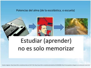 Potencias del alma (de la escolástica, o escuela)

Estudiar (aprender)
no es solo memorizar
Fuentes imágenes: http://www.flickr.com/photos/nekrum/1324 7163; http://www.flickr.com/photos/jordanbehan/3210628284; http://mutuaspalabras.blogspot.com.es/evocacin-otoal.html

 