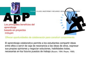 ApP “ DÍGAME  Y OLVIDO, MUÉSTREME Y RECUERDO. INVOLÚCREME Y COMPRENDO Los principales beneficios del  aprendizaje  basado en proyectos incluyen Ofrecer oportunidades de colaboración para construir conocimiento.  El aprendizaje colaborativo permite a los estudiantes compartir ideas entre ellos o servir de caja de resonancia a las ideas de otros, expresar sus propias opiniones y negociar soluciones, habilidades todas, necesarias en los futuros puestos de trabajo  (Bryson, 1994; Reyes, 1998).  
