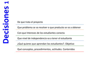 Decisiones 1De que trata el proyectoQue problema se va resolver o que producto se va a obtenerCon que Intereses de los estudiantes conectaQue nivel de independencia va a tener el estudiante¿Qué quieres que aprendan los estudiantes?. ObjetivoQué conceptos, procedimientos, actitudes. Contenidos 