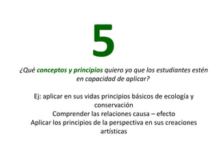 5¿Qué conceptos y principios quiero yo que los estudiantes estén en capacidad de aplicar? Ej: aplicar en sus vidas principios básicos de ecología y conservaciónComprender las relaciones causa – efectoAplicar los principios de la perspectiva en sus creaciones artísticas