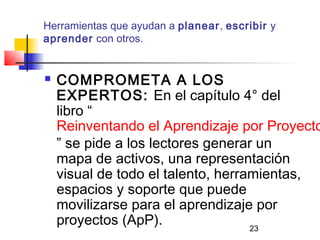 23
Herramientas que ayudan a planear, escribir y
aprender con otros.
 COMPROMETA A LOS
EXPERTOS: En el capítulo 4° del
libro “
Reinventando el Aprendizaje por Proyecto
” se pide a los lectores generar un
mapa de activos, una representación
visual de todo el talento, herramientas,
espacios y soporte que puede
movilizarse para el aprendizaje por
proyectos (ApP).
 