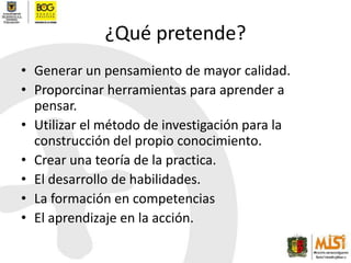 ¿Qué pretende?Generar un pensamiento de mayor calidad.Proporcinar herramientas para aprender a pensar.Utilizar el método de investigación para la construcción del propio conocimiento.Crear una teoría de la practica.El desarrollo de habilidades.La formación en competenciasEl aprendizaje en la acción.