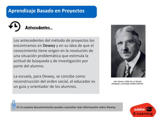 E-Learning
En la carpeta documentación puedes consultar más información sobre Dewey
Aprendizaje Basado en Proyectos
Los antecedentes del método de proyectos los
encontramos en Dewey y en su idea de que el
conocimiento tiene origen en la resolución de
una situación problemática que estimula la
actitud de búsqueda y de investigación por
parte del alumno.
La escuela, para Dewey, se concibe como
reconstrucción del orden social, el educador es
un guía y orientador de los alumnos.
John Dewey (1859) fue un filósofo,
pedagogo y psicólogo estadounidense.
En la carpeta documentación puedes consultar más información sobre Dewey
 