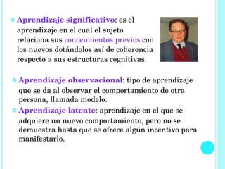 Aprendizaje significativo : es el aprendizaje en el cual el sujeto relaciona sus  conocimientos previos  con los nuevos dotándolos así de coherencia respecto a sus estructuras cognitivas.  Aprendizaje  observacional : tipo de aprendizaje que se da al observar el comportamiento de otra persona, llamada modelo.  Aprendizaje latente : aprendizaje en el que se adquiere un nuevo comportamiento, pero no se demuestra hasta que se ofrece algún incentivo para manifestarlo.  