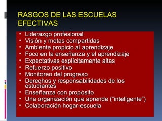 RASGOS DE LAS ESCUELAS EFECTIVAS Liderazgo profesional Visión y metas compartidas Ambiente propicio al aprendizaje Foco en la enseñanza y el aprendizaje Expectativas explícitamente altas Refuerzo positivo Monitoreo del progreso Derechos y responsabilidades de los estudiantes Enseñanza con propósito Una organización que aprende (“inteligente”) Colaboración hogar-escuela 