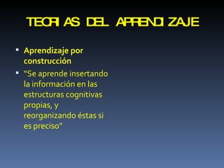 TEORIAS DEL APRENDIZAJE Aprendizaje por construcción “ Se aprende insertando la información en las estructuras cognitivas propias, y reorganizando éstas si es preciso” 