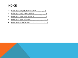 ÍNDICE
 APRENDIZAJE MEMORISTICO…………….3
 APRENDIZAJE RECEPTIVO…………………4
 APRENDIZAJE INNOVADOR………………..5
 APRENDIZAJE VISUAL………………………..6
 APREDIZAJE AUDITIVO………………………..7
 