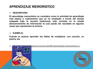 APRENDIZAJE MEMORISTICO
 DESCRIPCION:
El aprendizaje memorístico se considera como la actividad de aprendizaje
más básica y rudimentaria que se ha empleado a través del tiempo
solapada bajo la escuela tradicional, este consiste en el simple
almacenamiento de información la cual puede dar resultado en algunos
casos que representan la minoría.
 EJEMPLO:
Cuándo te quieres aprender las tablas de multiplicar, una canción, un
poema ,etc
 http://principiosdidacticos.foroes.biz/t40-aprendizaje-memoristico-y-
significativo
ÍNDICE
 