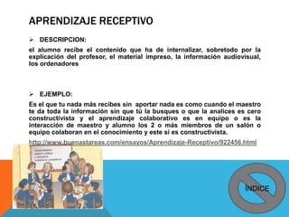 APRENDIZAJE RECEPTIVO
 DESCRIPCION:
el alumno recibe el contenido que ha de internalizar, sobretodo por la
explicación del profesor, el material impreso, la información audiovisual,
los ordenadores
 EJEMPLO:
Es el que tu nada más recibes sin aportar nada es como cuando el maestro
te da toda la información sin que tú la busques o que la analices es cero
constructivista y el aprendizaje colaborativo es en equipo o es la
interacción de maestro y alumno los 2 o más miembros de un salón o
equipo colaboran en el conocimiento y este si es constructivista.
http://www.buenastareas.com/ensayos/Aprendizaje-Receptivo/922456.html
ÍNDICE
 