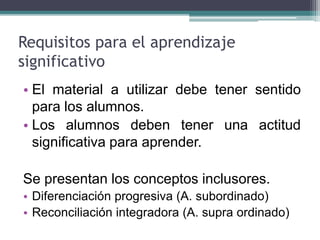 Requisitos para el aprendizaje
significativo
• El material a utilizar debe tener sentido
para los alumnos.
• Los alumnos deben tener una actitud
significativa para aprender.
Se presentan los conceptos inclusores.
• Diferenciación progresiva (A. subordinado)
• Reconciliación integradora (A. supra ordinado)
 