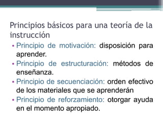 Principios básicos para una teoría de la
instrucción
• Principio de motivación: disposición para
aprender.
• Principio de estructuración: métodos de
enseñanza.
• Principio de secuenciación: orden efectivo
de los materiales que se aprenderán
• Principio de reforzamiento: otorgar ayuda
en el momento apropiado.
 
