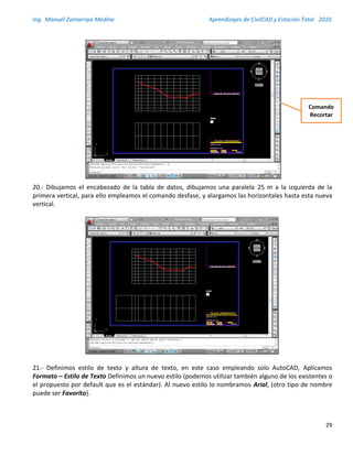 Ing. Manuel Zamarripa Medina Aprendizajes de CivilCAD y Estación Total 2010
29
20.- Dibujamos el encabezado de la tabla de datos, dibujamos una paralela 25 m a la izquierda de la
primera vertical, para ello empleamos el comando desfase, y alargamos las horizontales hasta esta nueva
vertical.
21.- Definimos estilo de texto y altura de texto, en este caso empleando solo AutoCAD, Aplicamos
Formato – Estilo de Texto Definimos un nuevo estilo (podemos utilizar también alguno de los existentes o
el propuesto por default que es el estándar). Al nuevo estilo lo nombramos Arial, (otro tipo de nombre
puede ser Favorito).
Comando
Recortar
 