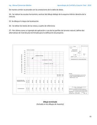 Ing. Manuel Zamarripa Medina Aprendizajes de CivilCAD y Estación Total 2010
33
De manera similar se procede con las anotaciones de la tabla de datos.
24.- Se indican las escalas horizontal y vertical del dibujo debajo de la esquina inferior derecha de la
retícula.
25. Se dibuja el croquis de localización.
26.- Se editan los textos de las notas y cuadro de referencia.
27.- Por último como un ejemplo de aplicación o uso de los perfiles de terreno natural, define dos
alternativas de nivel de piso terminado para la edificación de proyecto.
Dibujo terminado
(Incluido en los dibujos de muestra)
LEVANTO:
ACOTACIONES:
FECHA:
ESCALA:
Nº DE PLANO:
UBICACION:
R. SOLIS
AT - 13METROS
11 - NOV-09
INDICADAS
PROPIEDAD DE:
Y=640
Y=630
Y=620
Y=610
Y=600
Y=590
Y=580
Y=570
Y=560
Y=550
Y=545
288.321
288.431
287.151
287.461
287.271
287.551
289.038
290.228
290.678
291.528
292.010
283
284
285
286
287
288
289
290
291
292
293
294
295
EJE
E=250
EDIFICACION
DE PROYECTO
BN-2
CERCA Y = 545
Y = 610
1. LOS NIVELES ESTAN REFERIDOS AL BN-2 DE COTA
291.500 m LOCALIZADO SOBRE ROCA 20 m A LA
DERECHA DE EST. Y= 555
AV ALCANFORES Y SAN JUAN TOTOLTEPEC S/N,
SANTA CRUZ ACATLAN, NAUCALPAN, EDO. DE MEXICO.
ESC. HOR. 1: 500
ESC. VER. 1: 100
ALTERNATIVA 1 NPT 290
ALTERNATIVA 2 NPT 288
TERRENO NATURAL
CERCA DE LINDERO
Y = 550
 
