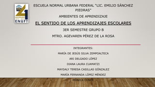 ESCUELA NORMAL URBANA FEDERAL “LIC. EMILIO SÁNCHEZ
PIEDRAS”
AMBIENTES DE APRENDIZAJE
EL SENTIDO DE LOS APRENDIZAJES ESCOLARES
3ER SEMESTRE GRUPO B
MTRO. AGEVAREN PÉREZ DE LA ROSA
INTEGRANTES:
MARÍA DE JESÚS SILVA ZEMPOALTECA
ARI DELGADO LÓPEZ
DIANA LAURA CUAMATZI
MAYDALY TERESA CASILLAS GÓNZALEZ
MARÍA FERNANDA LÓPEZ MÉNDEZ
MÓNICA CONDE
 