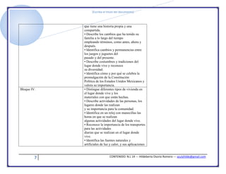[Escriba el título del documento]
7 CONTENIDO: N.L 14 --- Hildeberta Osorio Romero --- azulyhilde@gmail.com
que tiene una historia propia y una
compartida.
• Describe los cambios que ha tenido su
familia a lo largo del tiempo
empleando términos, como antes, ahora y
después.
• Identifica cambios y permanencias entre
los juegos y juguetes del
pasado y del presente.
• Describe costumbres y tradiciones del
lugar donde vive y reconoce
su diversidad.
• Identifica cómo y por qué se celebra la
promulgación de la Constitución
Política de los Estados Unidos Mexicanos y
valora su importancia.
Bloque IV. • Distingue diferentes tipos de vivienda en
el lugar donde vive y los
materiales con que están hechas.
• Describe actividades de las personas, los
lugares donde las realizan
y su importancia para la comunidad.
• Identifica en un reloj con manecillas las
horas en que se realizan
algunas actividades del lugar donde vive.
• Reconoce la importancia de los transportes
para las actividades
diarias que se realizan en el lugar donde
vive.
• Identifica las fuentes naturales y
artificiales de luz y calor, y sus aplicaciones
 